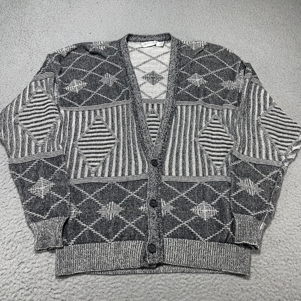 Jantzen Sweater Mens Large Gray Geometric‎ Knit Button Front Cardigan Made USA